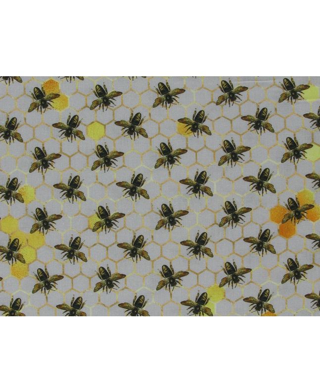 Honeycomb Busy Bees Cotton Print, Silver