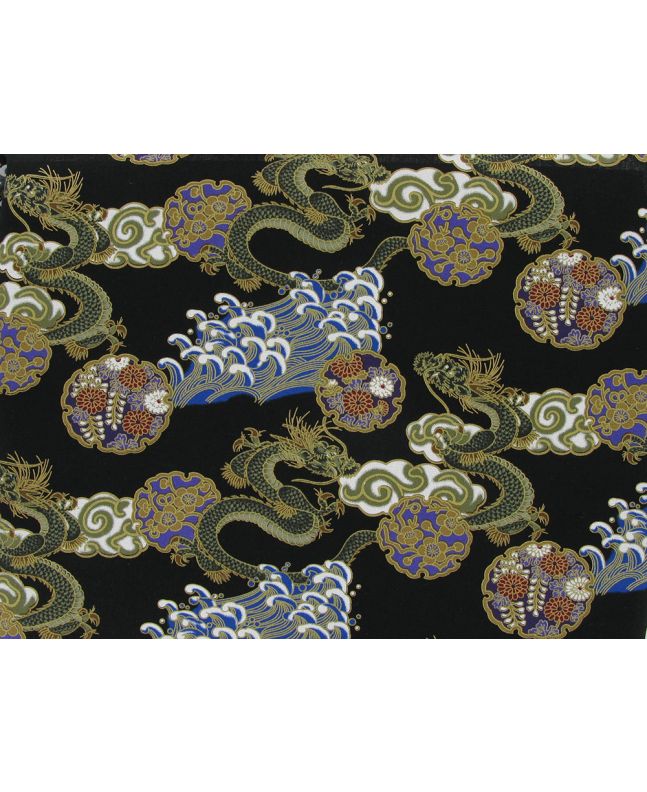 Isumi Japanese Foil Cotton Print, Dragon Symbol, Black