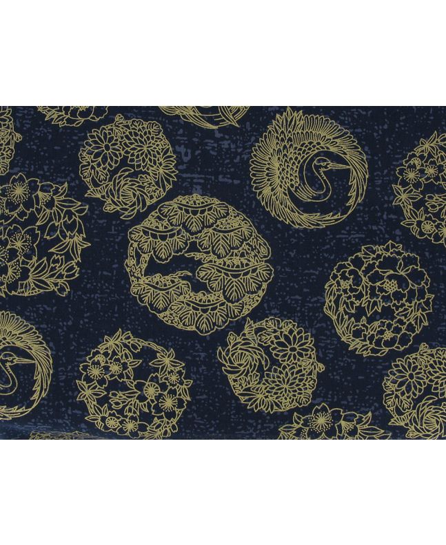 Isumi Japanese Foil Cotton Print, Floral Medallions, Navy