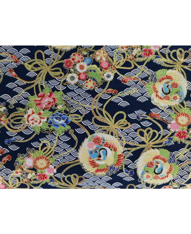 Isumi Japanese Foil Cotton Print, Flying Crane, Blue