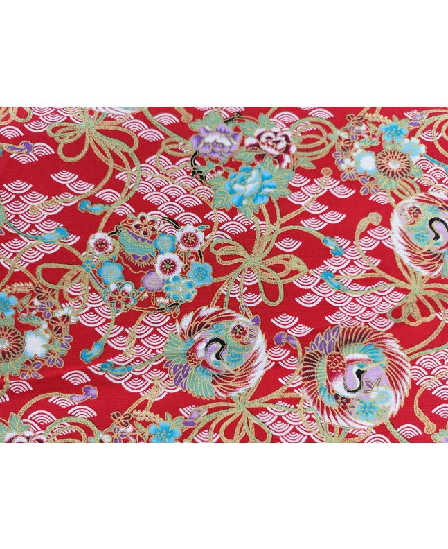Isumi Japanese Foil Cotton Print, Flying Crane, Red