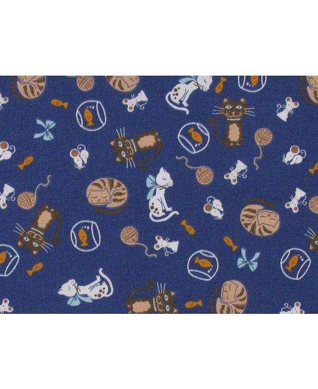 Kitty Snooze Polycotton Print, Blue
