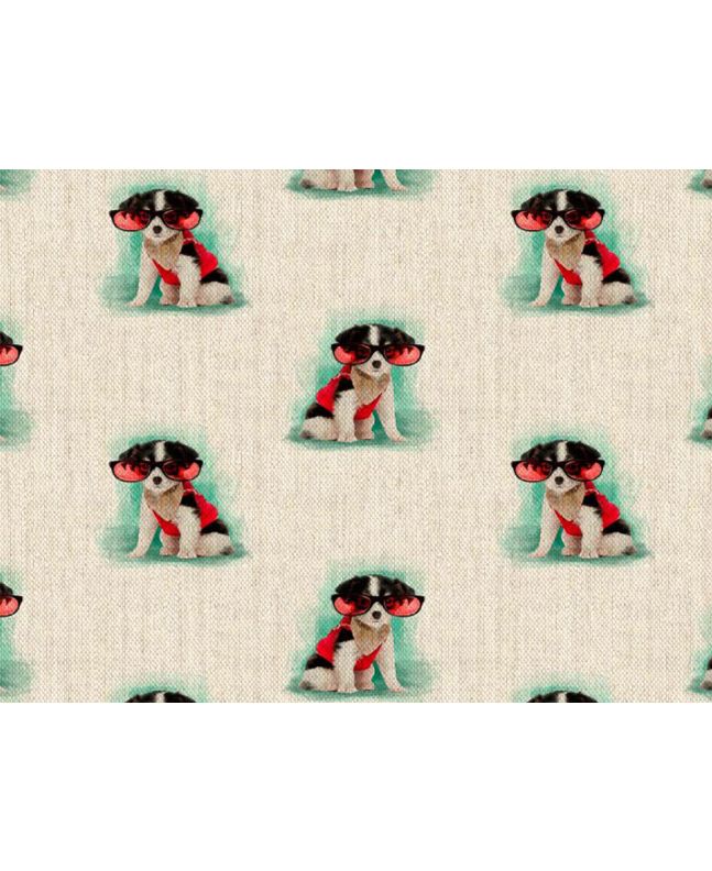 Linen Look Printed Panama, Chihuahua Glasses, Red