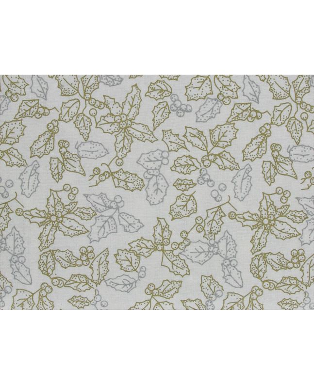 Metallic Foil Christmas Cotton, Holly Outline, Ivory
