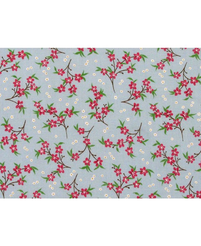 Mini Blossom Polycotton Print, Blue and Red
