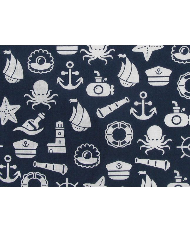 Nautical Adventure Polycotton Print, Navy and White