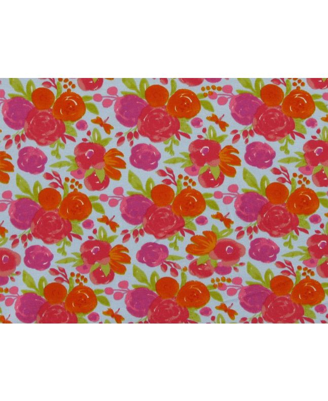 Painted Rose Bunch Cotton Jersey, Sky