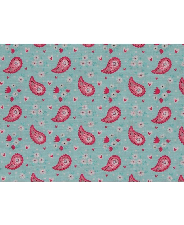 Paisley Hearts Cotton Print, Aqua
