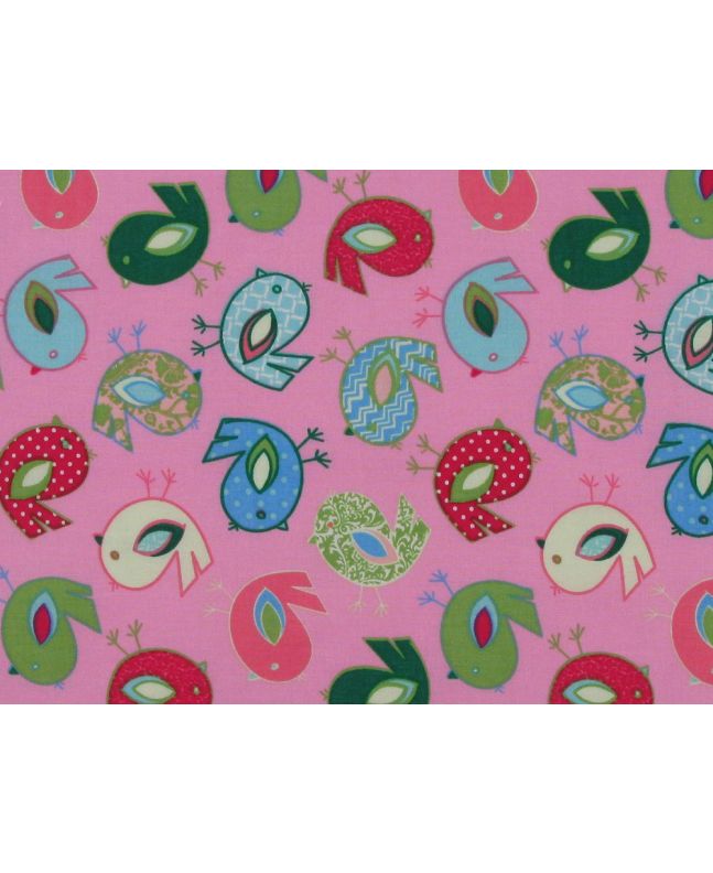 Patchwork Birds Cotton Print, Pink