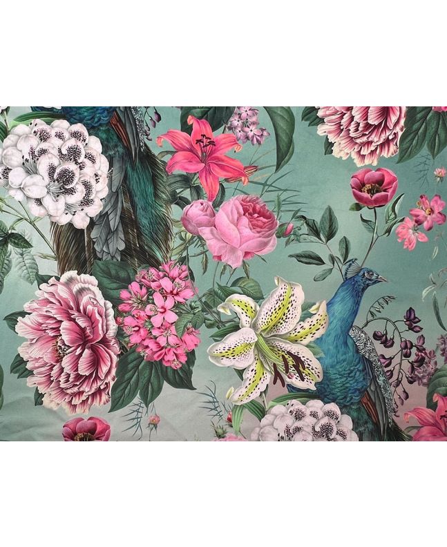 Peacock Blossom Printed Velvet, Duck Egg