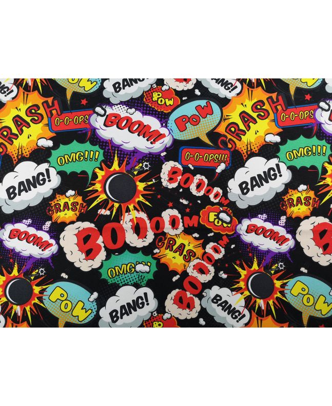 Printed Bi-Stretch Panama, Boom Pow Wow, Black