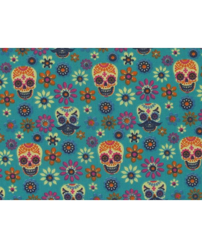 Psychedelic Floral Skulls Polycotton, Aqua