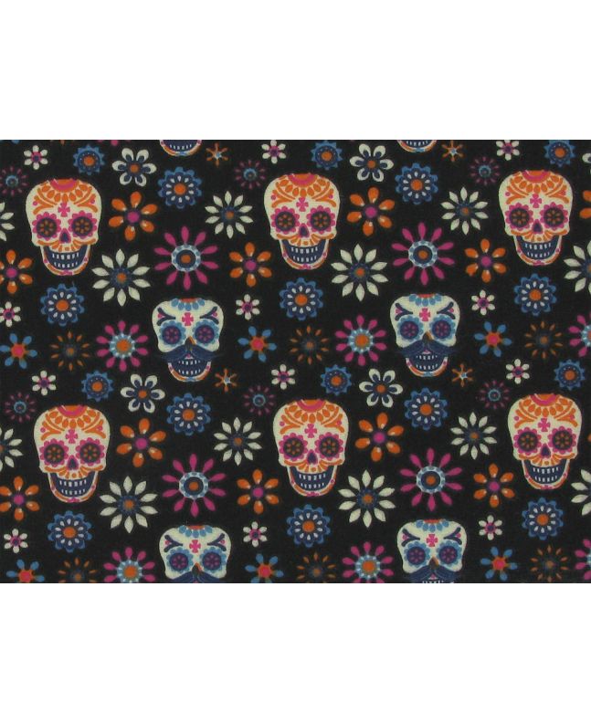 Psychedelic Floral Skulls Polycotton, Black