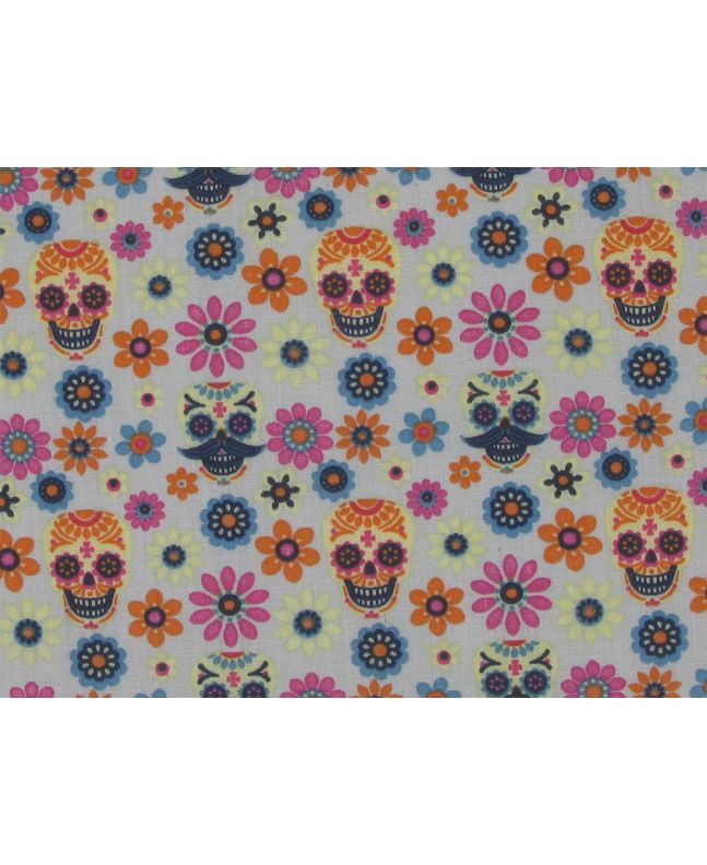 Psychedelic Floral Skulls Polycotton, Grey