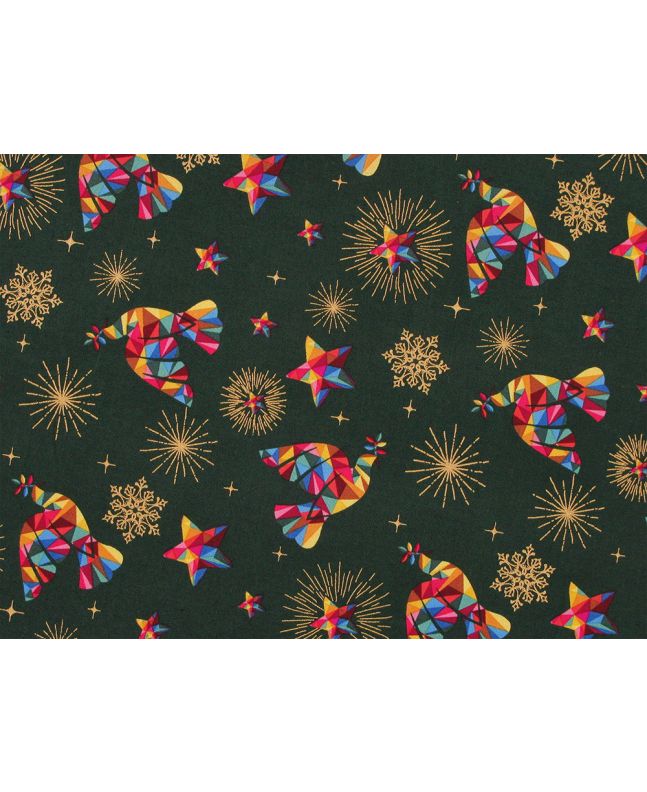  Rainbow Christmas Metallic Cotton Print, Doves, Green