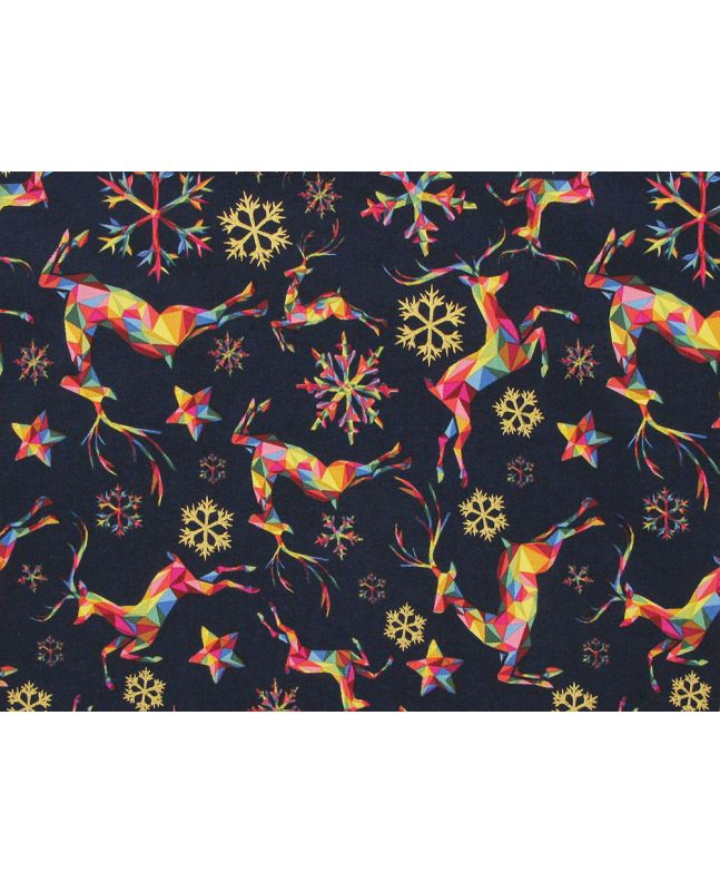Rainbow Christmas Metallic Cotton Print, Reindeer, Navy