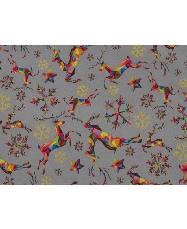 Rainbow Christmas Metallic Cotton Print, Reindeer, Silver
