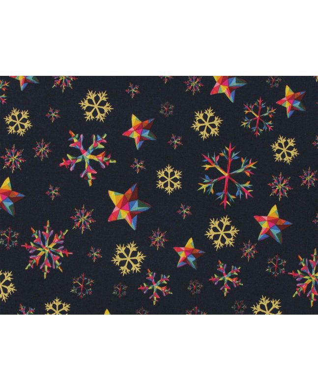 Rainbow Christmas Metallic Cotton Print, Snowflake, Navy