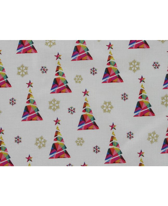 Rainbow Christmas Metallic Cotton Print, Tree, Cream