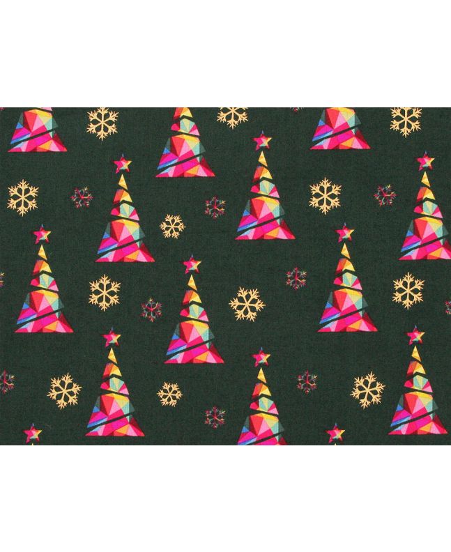 Rainbow Christmas Metallic Cotton Print, Tree, Green