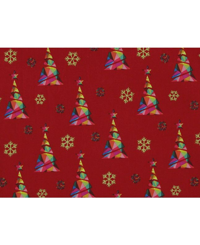 Rainbow Christmas Metallic Cotton Print, Tree, Red