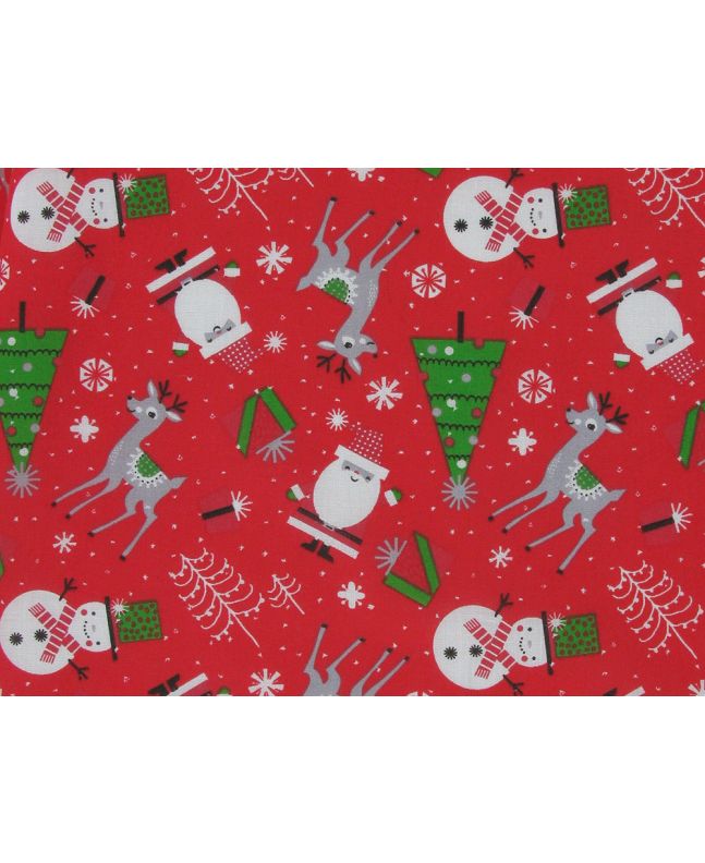 Reindeer Snowman Polycotton Print, Red