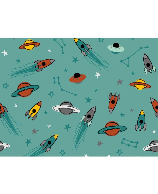 Rocket Ship to Saturn Cotton Jersey, Petrol