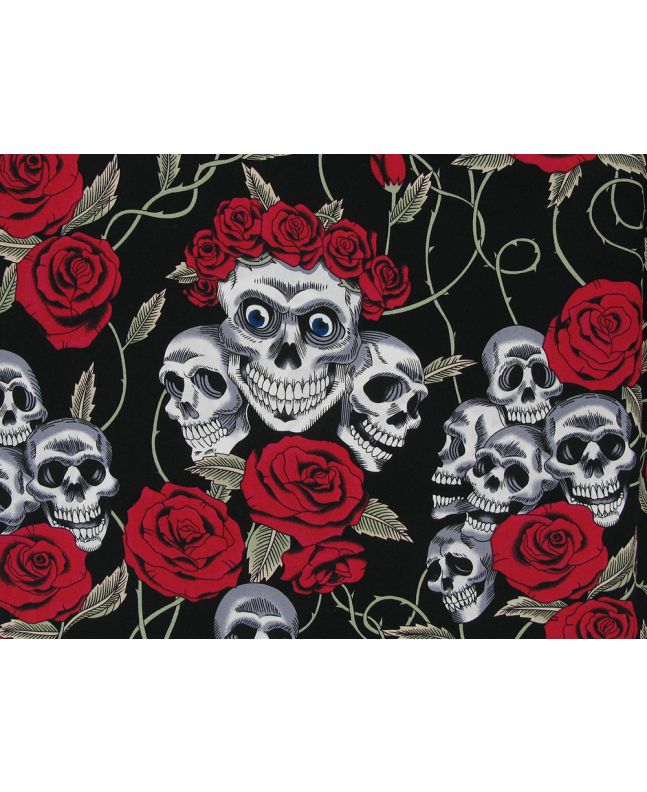 Rose Crown Skull Cotton Poplin, Black and Red