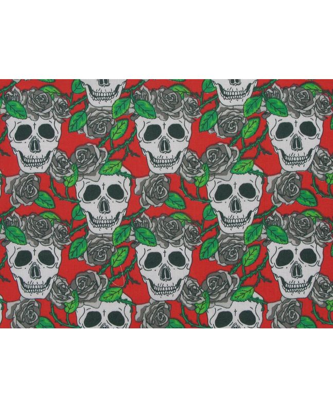 Rose Wreath Skull Polycotton Print, Red