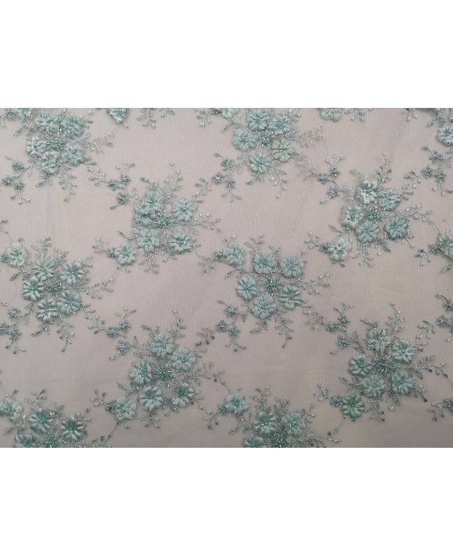 Scalloped Edge Embroidered Bouquet Lace, Aqua