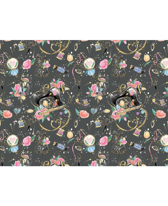 Sew Time Cotton Print, Graphite