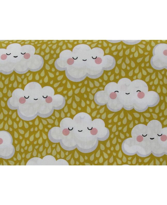 Smiling Clouds Cotton Print, Ochre