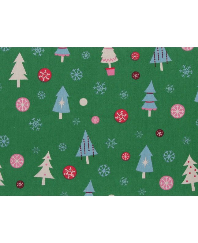 Snowflake Christmas Tree Cotton Print, Green