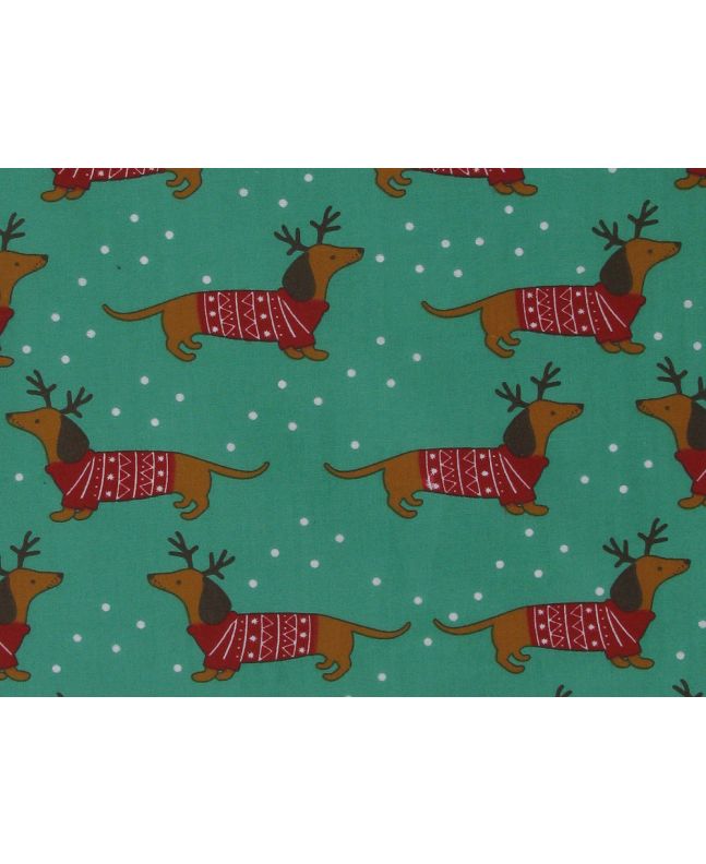 Snowy Sausage Dogs Polycotton Print, Green