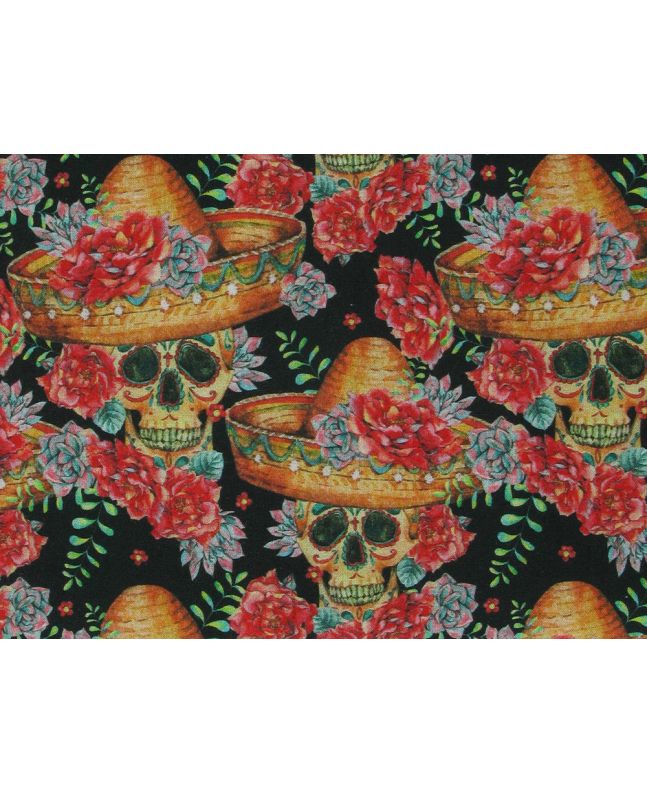 Sombrero Skull Cotton Print, Black