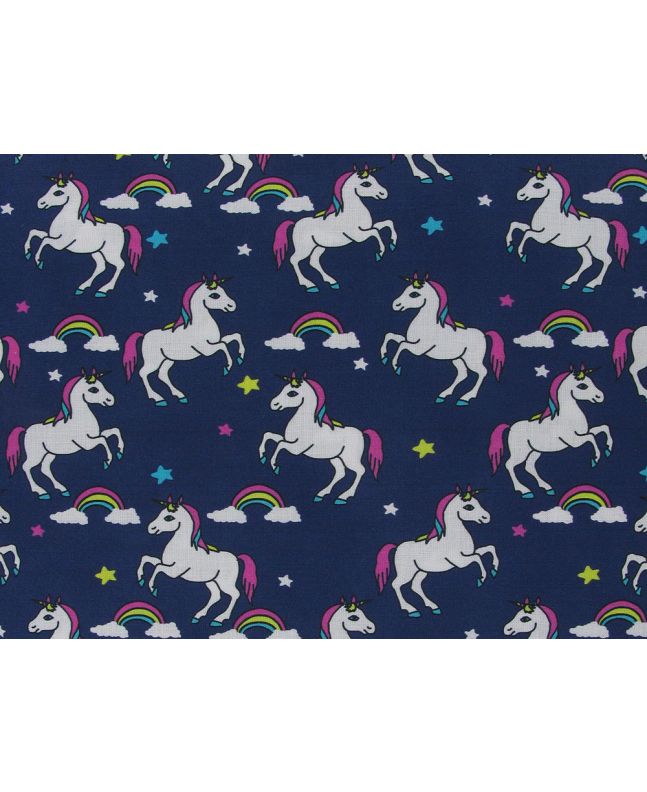 Unicorn Rainbow Cloud Cotton Print, Navy