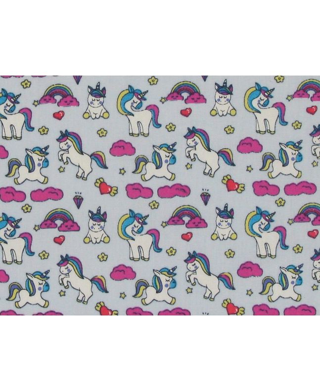 Unicorn Rainbow Hearts Cotton Print, Light Blue