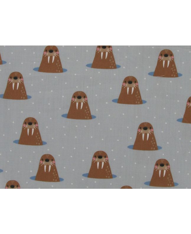 Whack a Walrus Christmas Polycotton Print, Silver