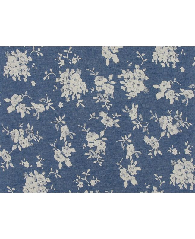 White Rose Bunches Printed Denim, Light Blue