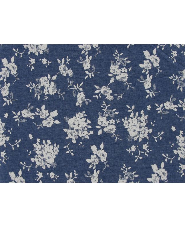 White Rose Bunches Printed Denim, Medium Blue