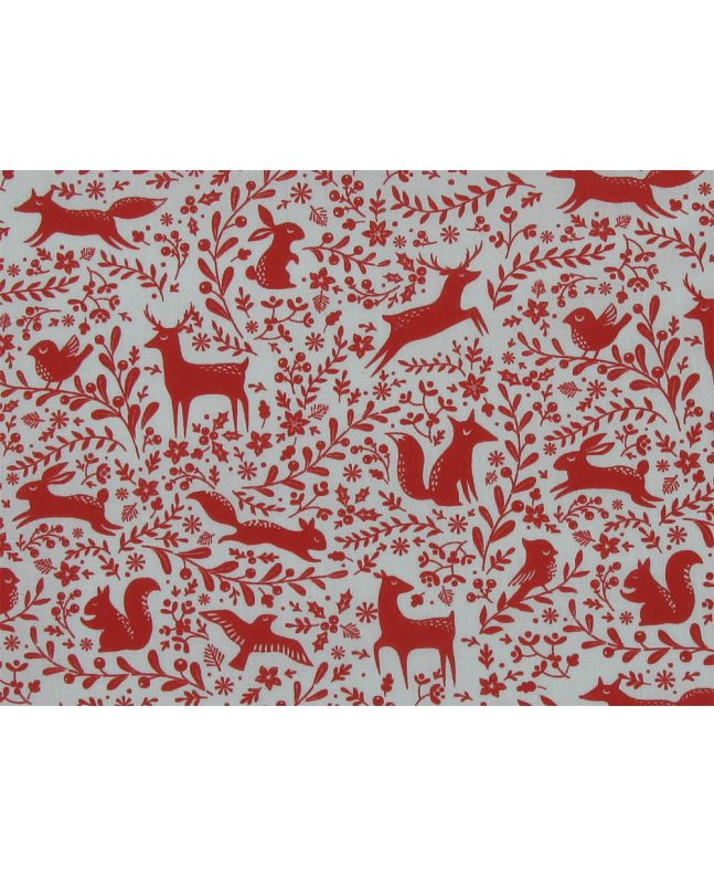 Winter Forest Scene Polycotton Print, Red
